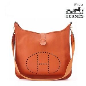 Authentic HERMES EVELYNE GM orange taurillon clemence crossbody bag
